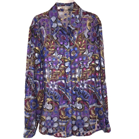 Vintage Tops - Vintage Semi Sheer Block Print Blouse